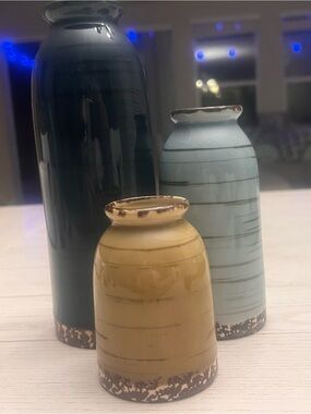 Artisan Ceramic Vase Trio- Blue, Light Blue and Yellow